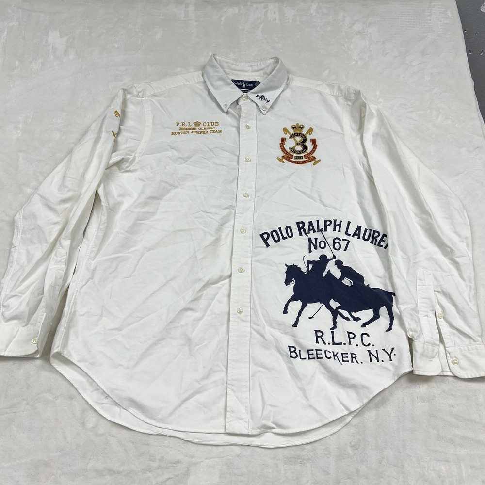 Ralph Lauren Button Down Mens XL White Bleecker NY Polo Graphic Embroidered